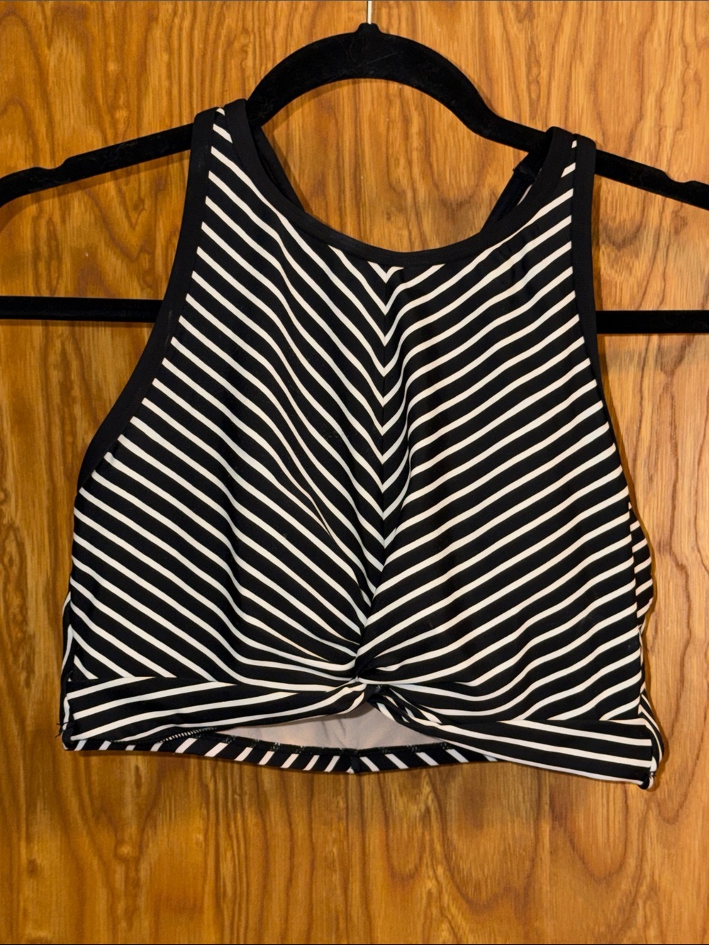 Kona Sol Black & White Striped Twist-Front Swim Crop Top